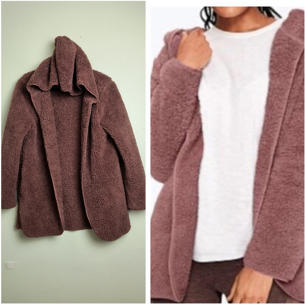 Pink Victoria's Secret Sherpa Hooded Open Front Cardigan XS/S Cocoa Seam Pocket